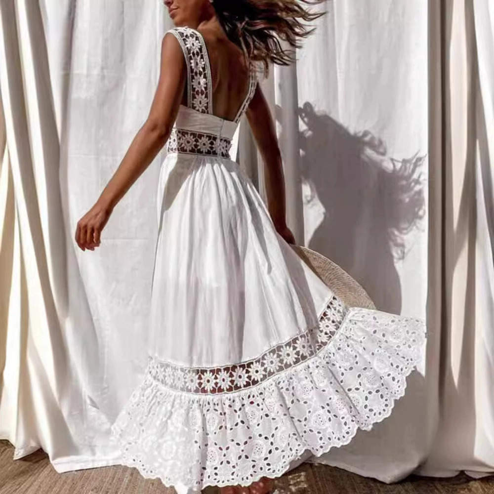 ZARA Fashionable Lace Sleeveless Patchwork Flared Maxi Dress